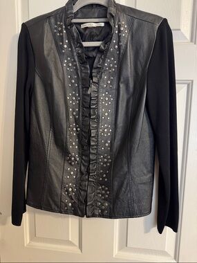 Peter Nygard Black Leather Jacket with Studded Ruffle Placket